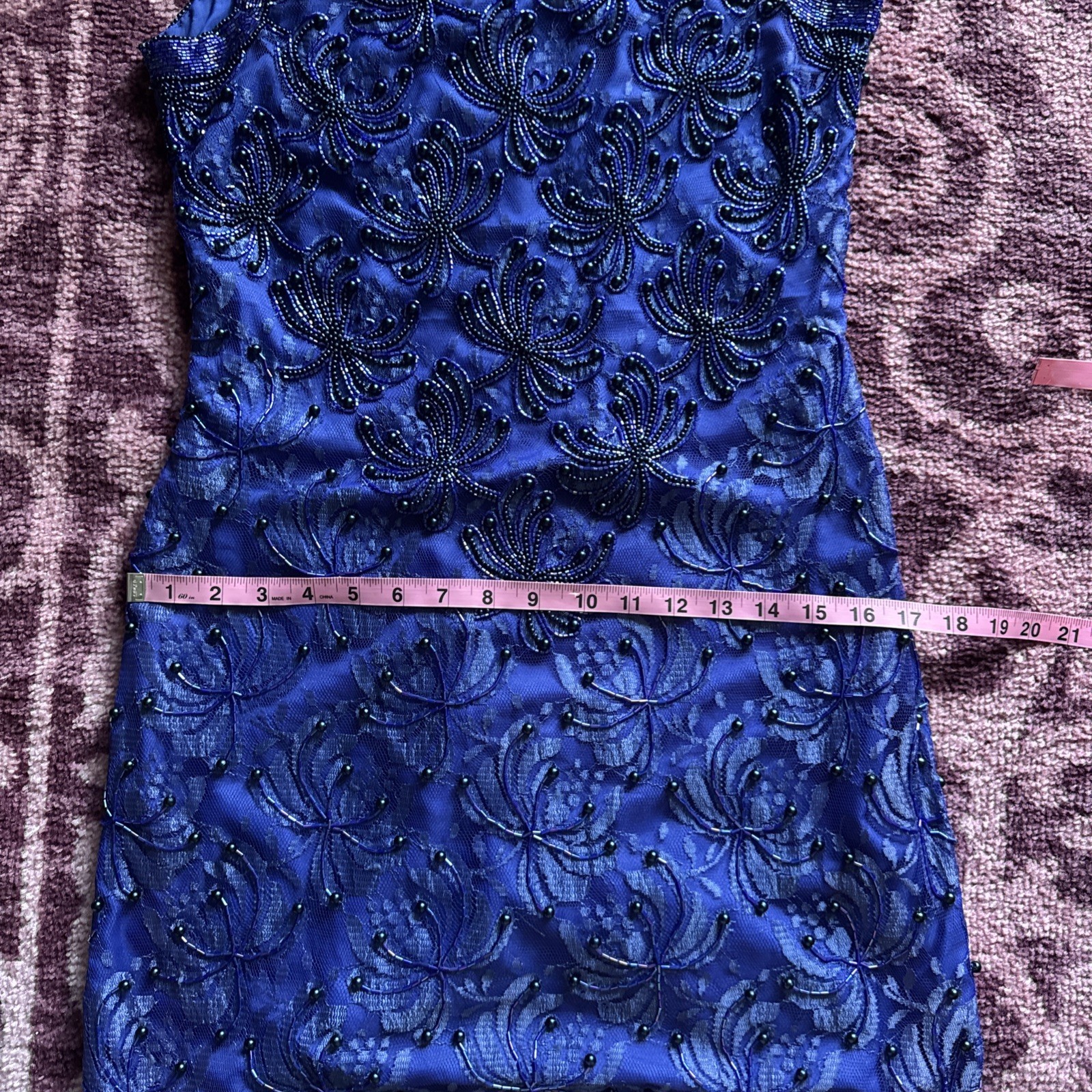 Vintage Fully Beaded Royal Blue Lace Party Dress (Size M-L) Special Occasion