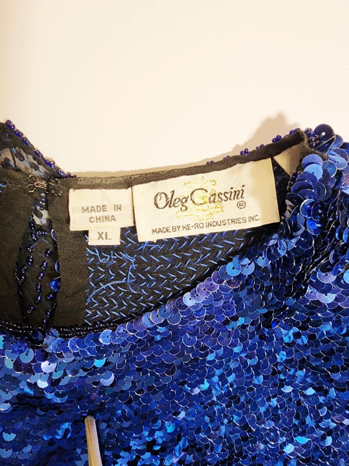 Vintage Oleg Cassini Black Tie Blue Sequin Flame Top XL Silk Beaded Trophy…