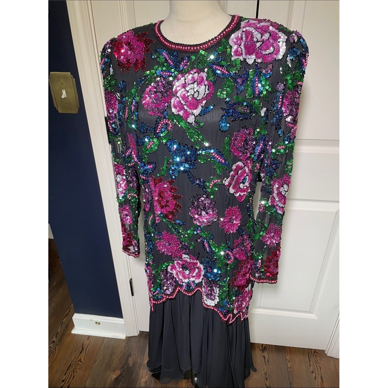 Vintage Black Tie Floral Sequined Beaded Evening Dress Asymmetrical Hem Size 14