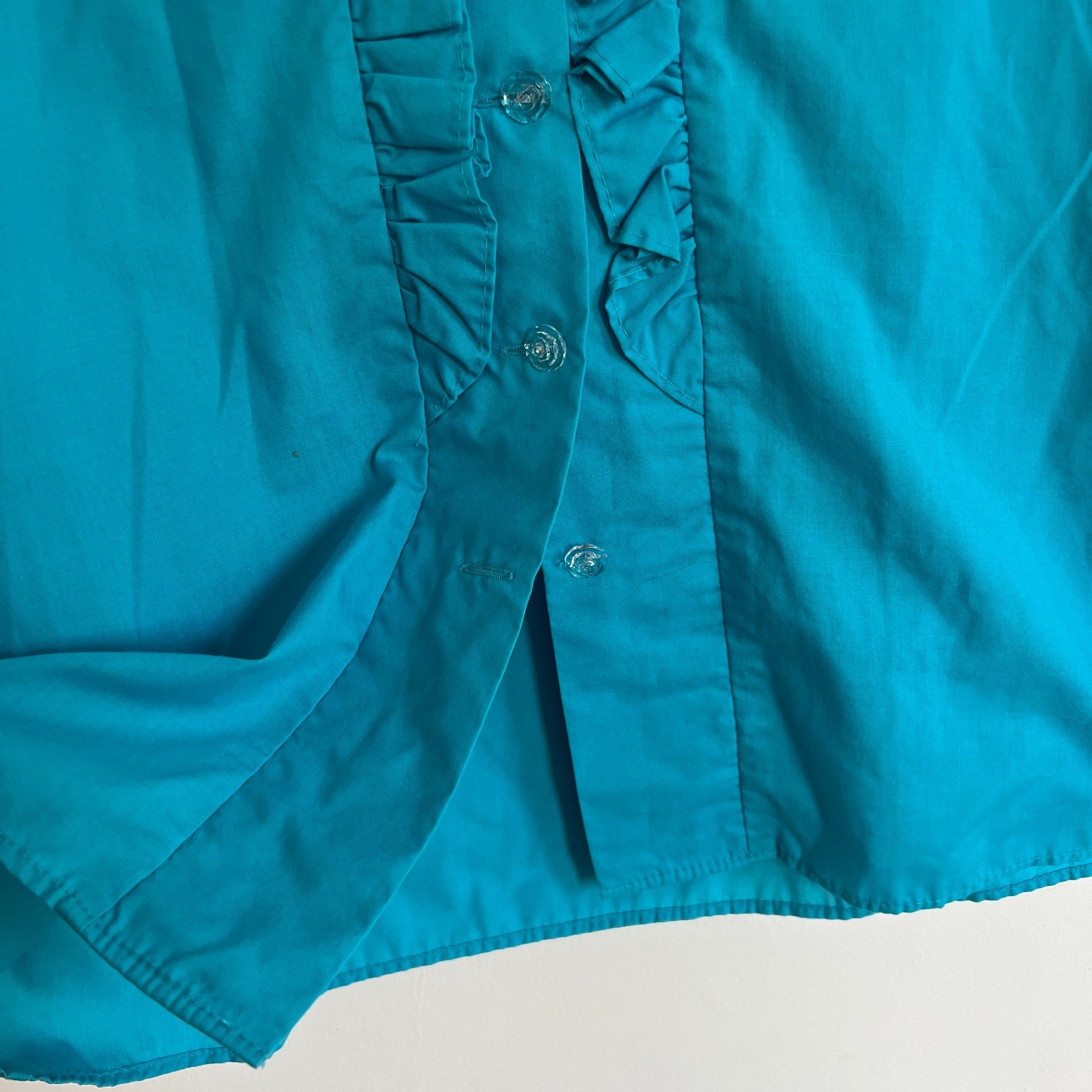 Vintage Malco Modes Turquoise Ruffle Prairie Blouse Size S Cottagecore USA