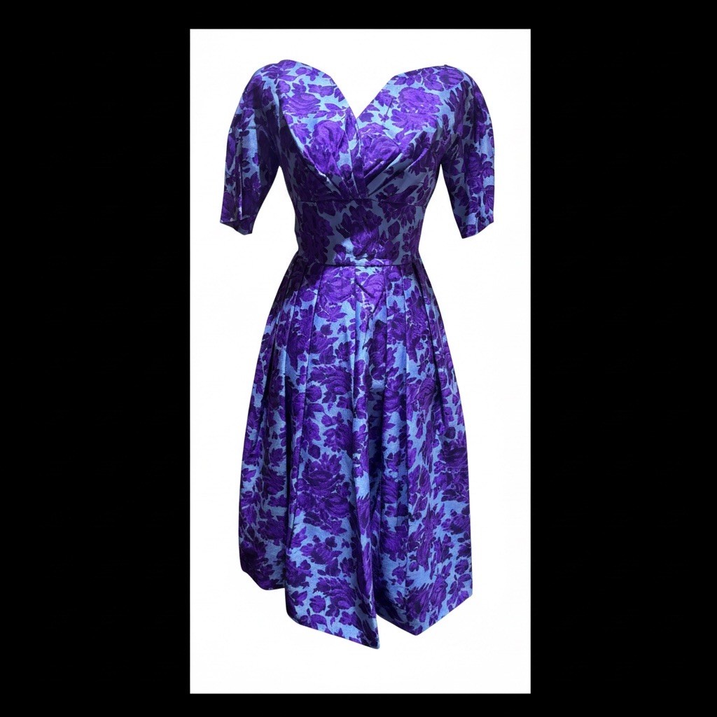 VTG 50&rsquo;s Purple Floral A Line Dress Deep V Neckline Rockabilly Full Swing