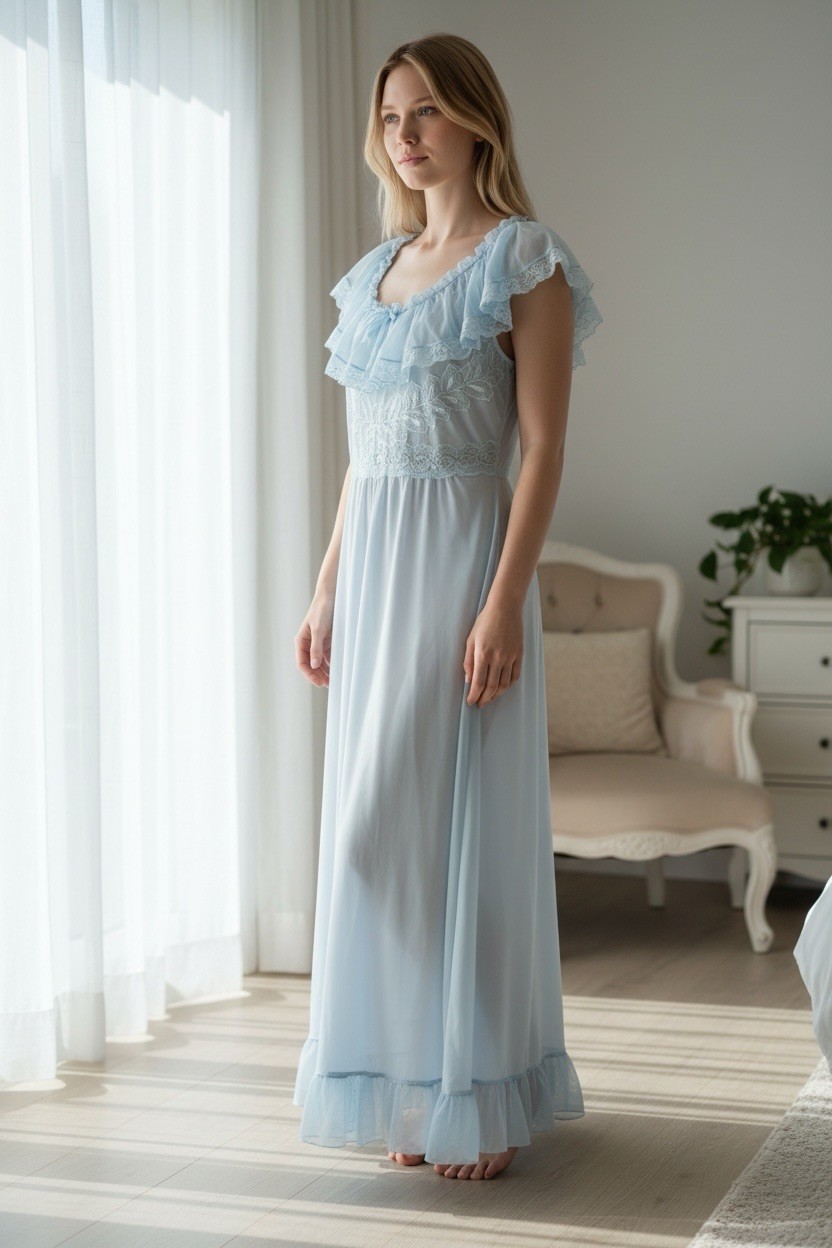 Vintage Miss Swank 1950s Light Blue Sheer Dress 32 Negligee Nightgown Lingerie