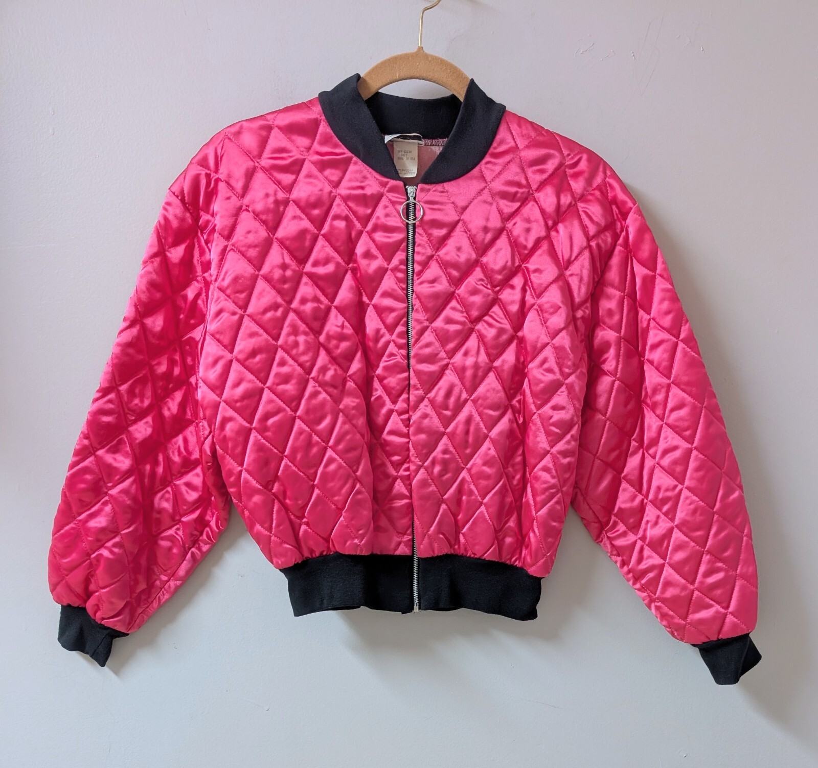 2XS Vintage 80&rsquo;s Neon Hot Pink Puffer Quilted GLAM ROCK Bomber Jacket S/M