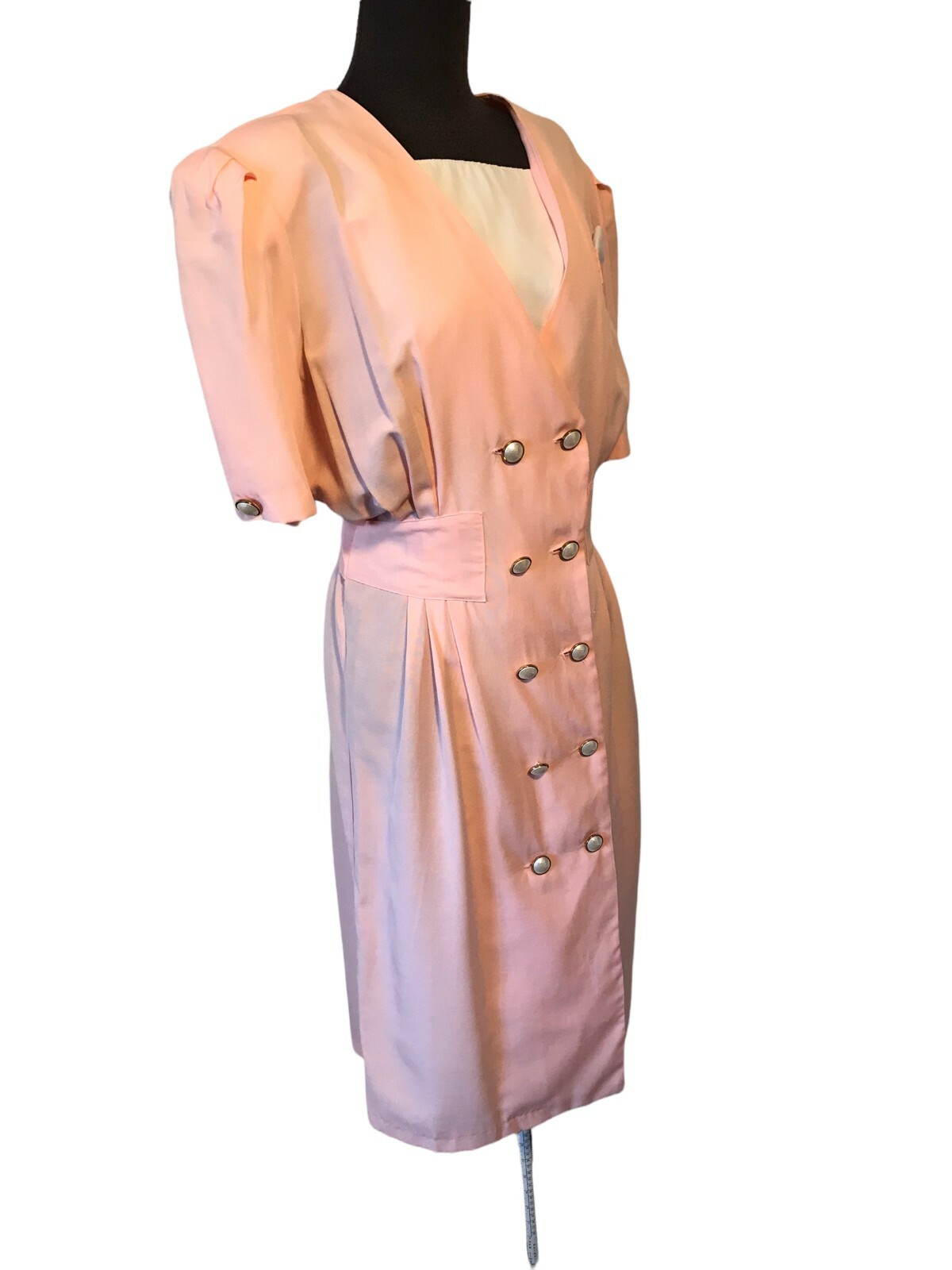 Womens Vintage Spring Easter Church DRESS Pink Button Front Wide Shoulder NWT 12