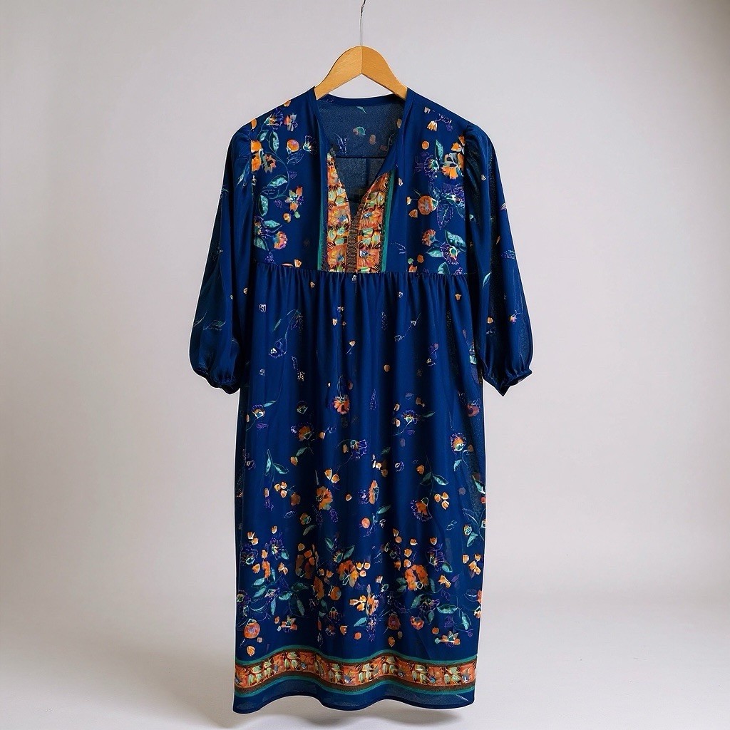 80s Vtg Boho Floral Fairycore Dress Blue Multicolor Print Festival L/XL 20 Tag