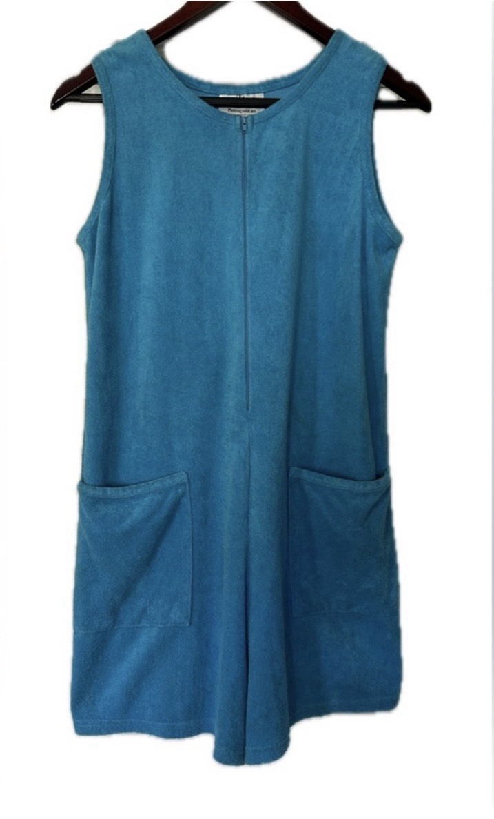 Vintage, Metropolitan Teal Terry Romper, swim suit cover. Women’s Medium. Zip.