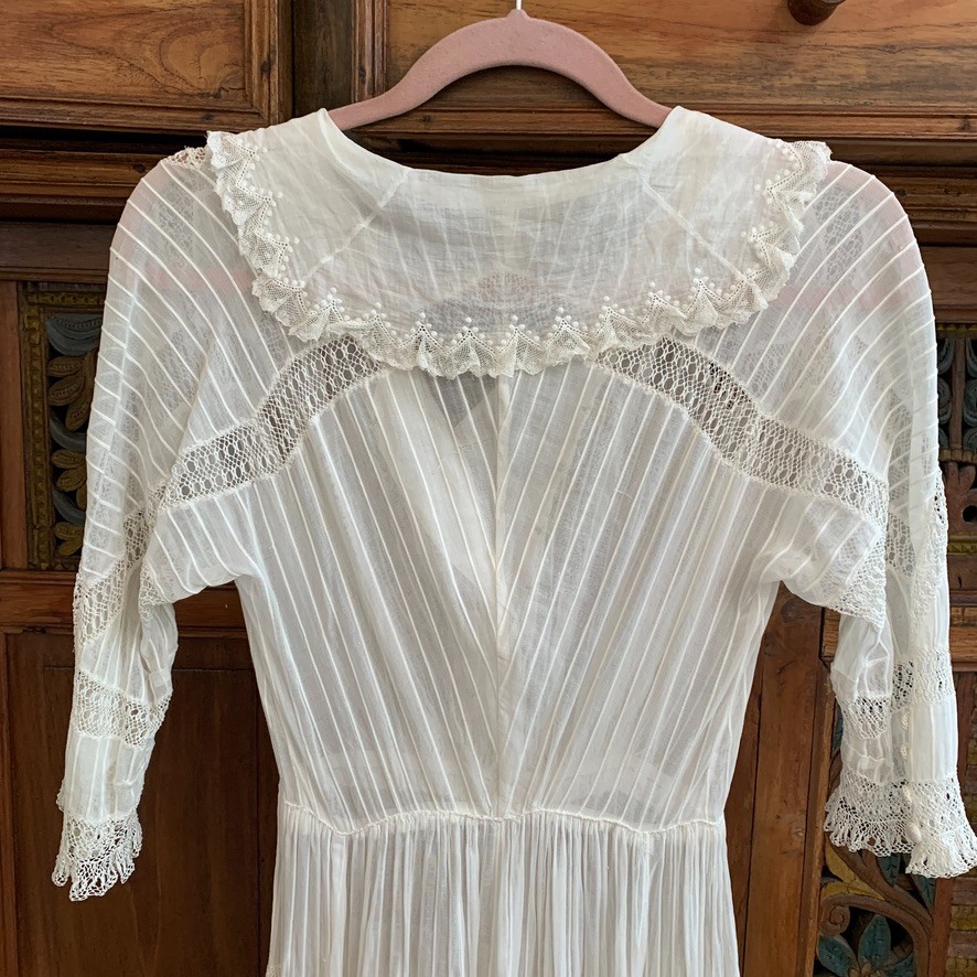 Antique Edwardian White Cotton Dress XXS Crochet Lace Lawn Tea Victorian Sheer