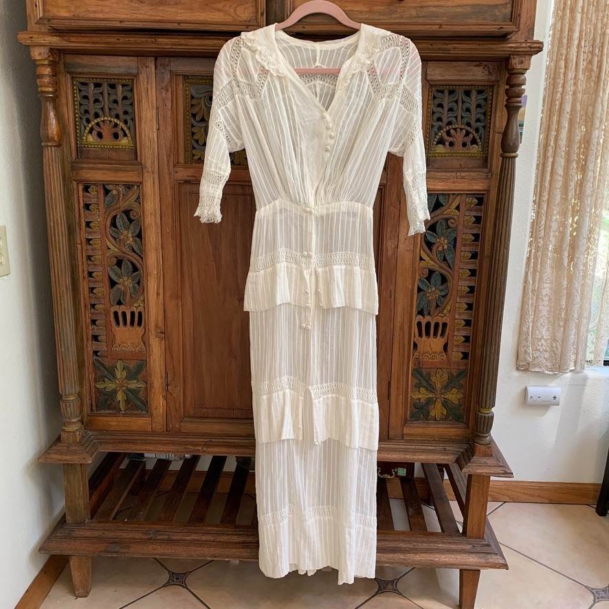 Antique Edwardian White Cotton Dress XXS Crochet Lace Lawn Tea Victorian Sheer