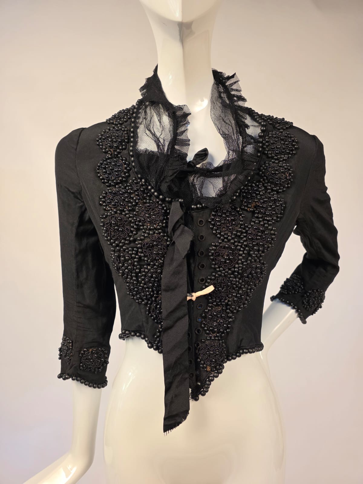 VICTORIAN 1890’S BLACK SILK BODICE W BUBBLE GLASS BEADING + CORSET LACING FRONT