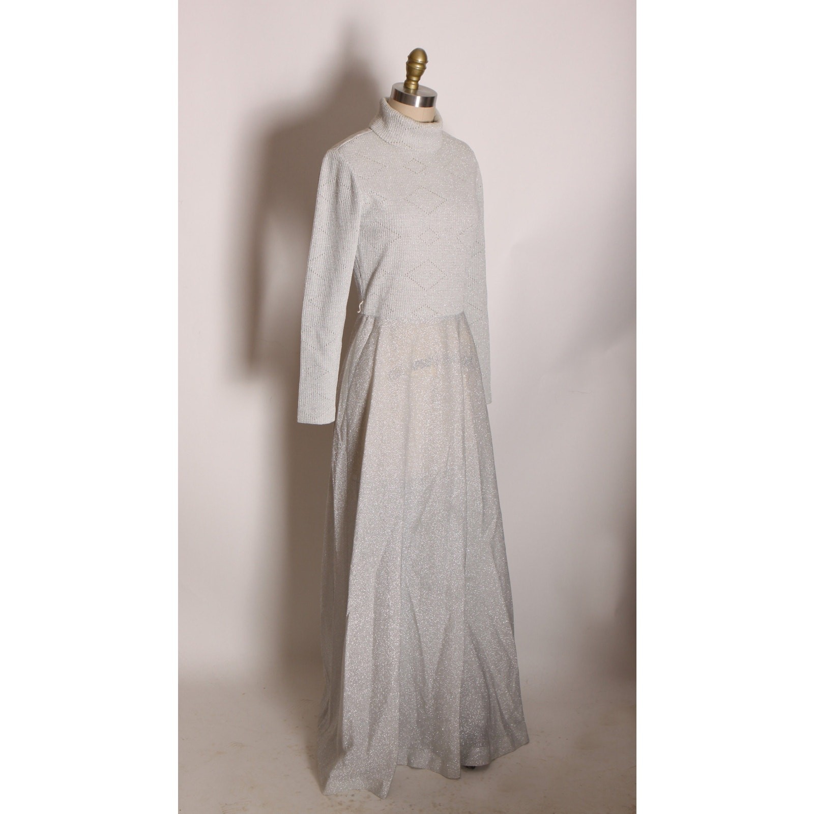 1970s Long Sleeve Turtleneck Silver Lurex Sweater Dress by Joseph Magnin