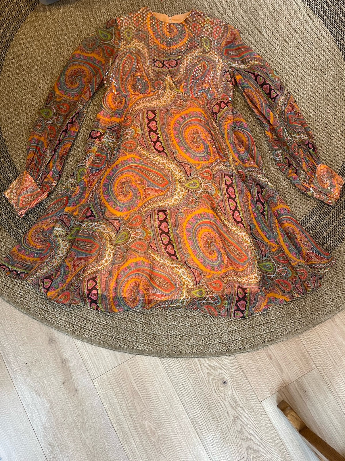 Vintage 60s/70s Lisa Meril Paisley Mini Dress sequin detail bright colors Disco