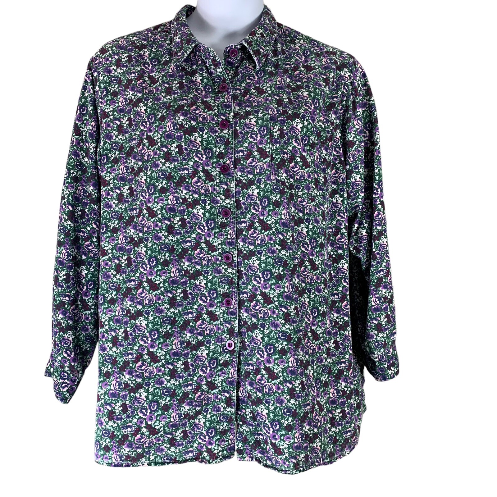 Vintage Button Shirt Size 22W Basic Editions Green Purple Floral Long Sleeve Top
