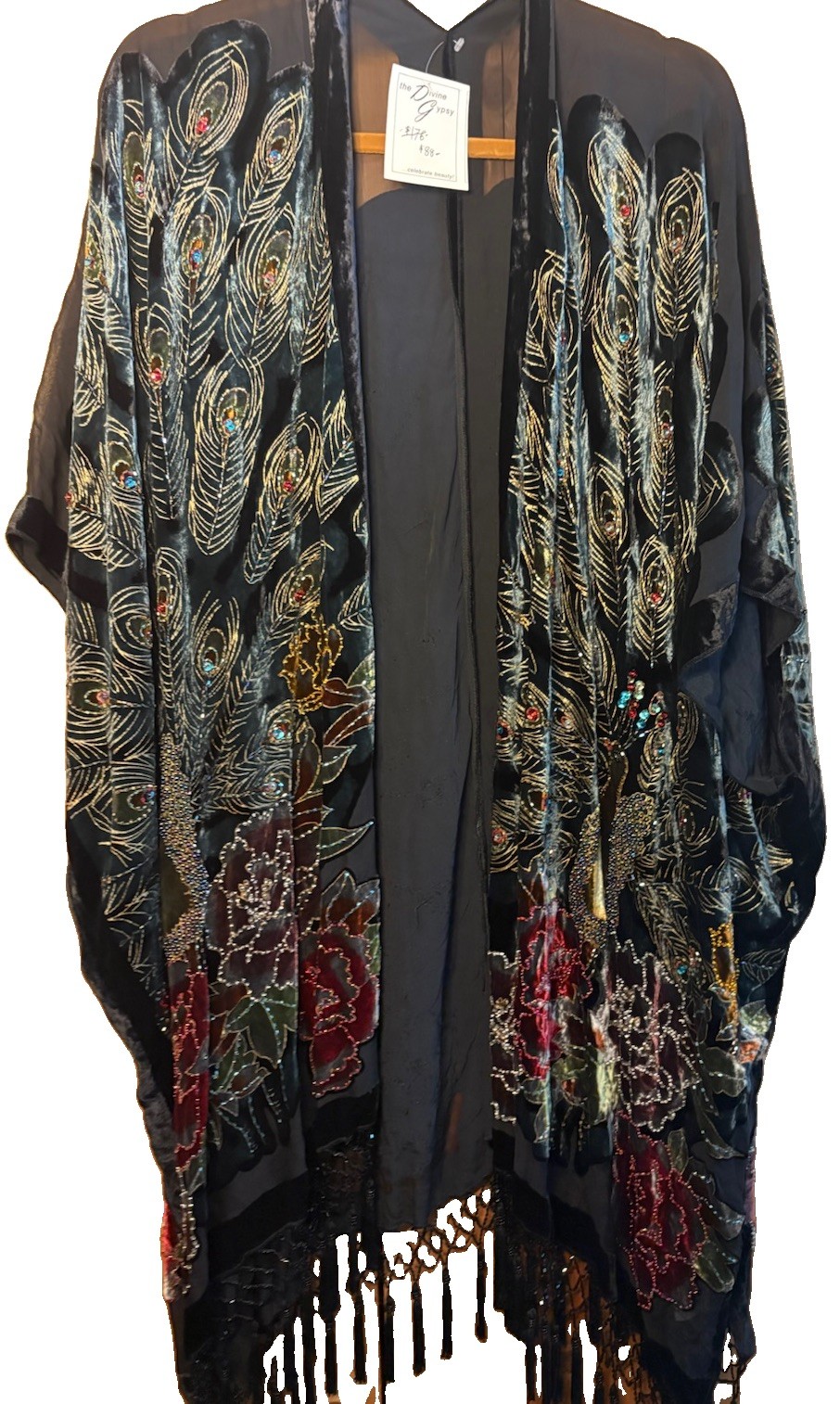 Kimono Duster Jacket Peacock Floral Velvet Beaded Burnout Coverup OS L/XL/1X/2X