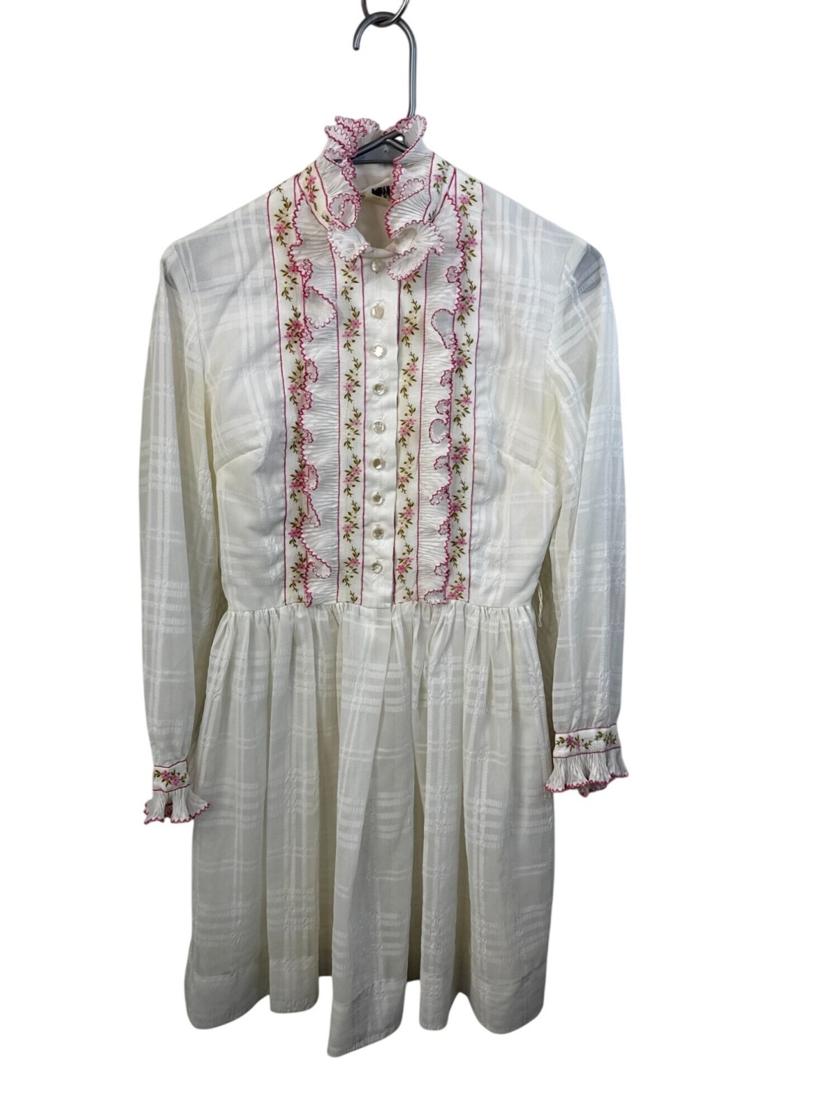Vintage Jo-Mor St. Louis White Dress With Pink Floral Embroidery Ruffle Details