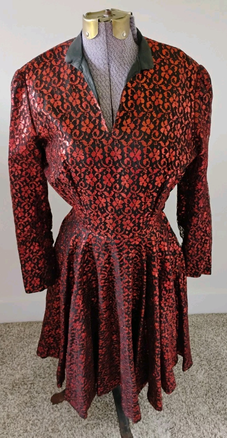 1950&rsquo;s Vintage Black Orange Lace Cocktail Party Dress Goth Witchy Halloween 4/6