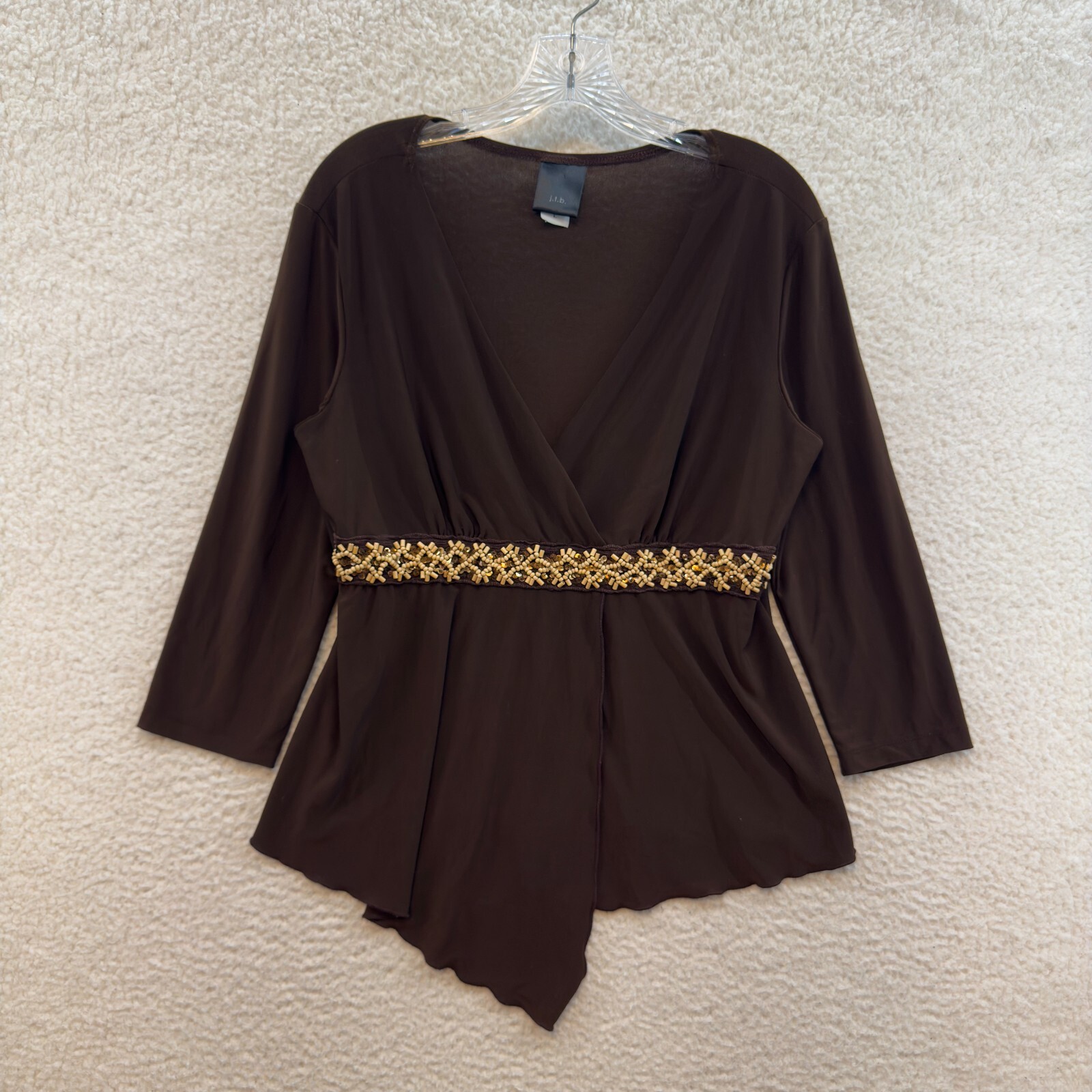 90s Y2K Vintage Top Large XL Brown Jersey Slinky Stretch Asymmetrical Boho Fairy