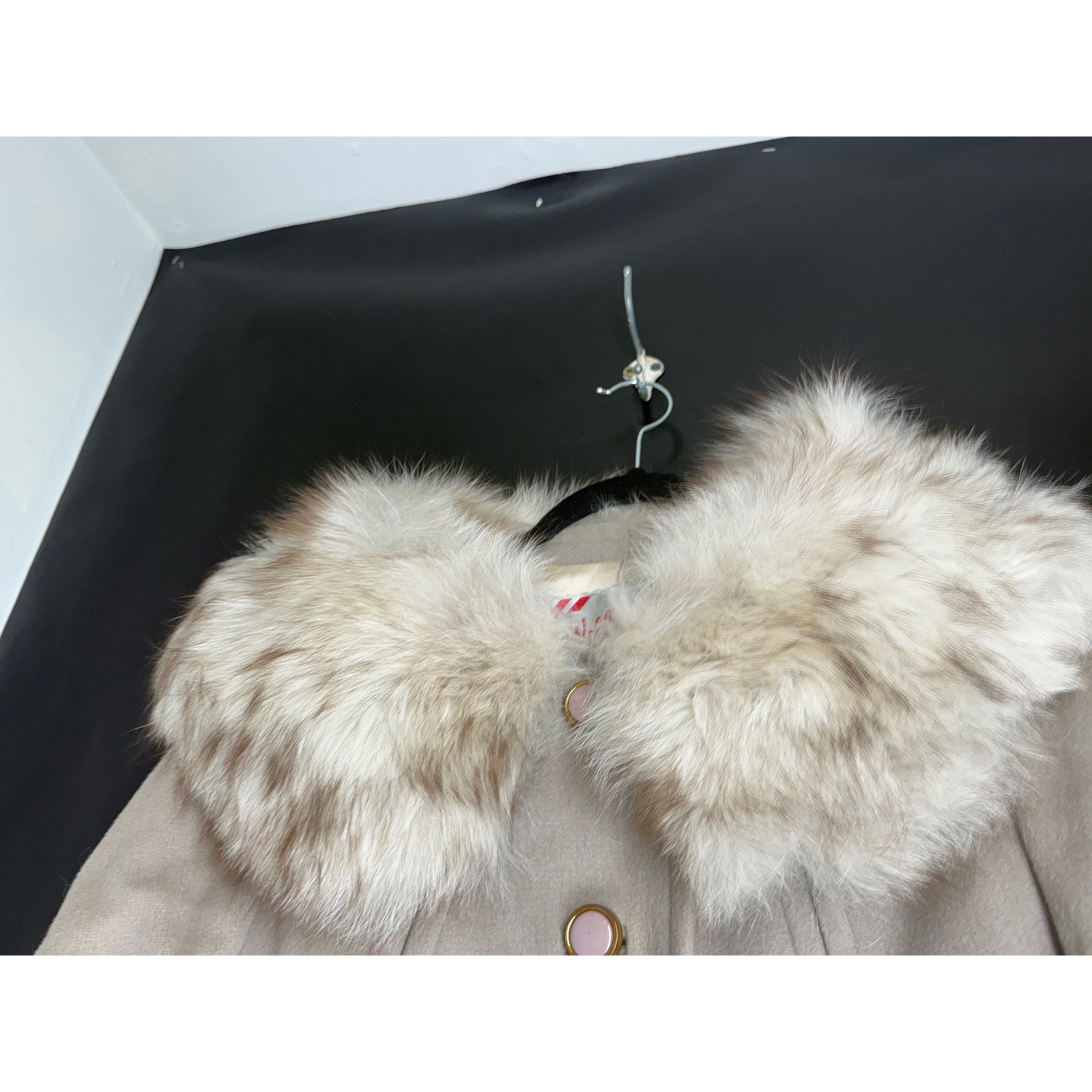 Vintage Wellesley Stevens Forstmann Wool Coat Faux Fur Collar Beige Long Jacket