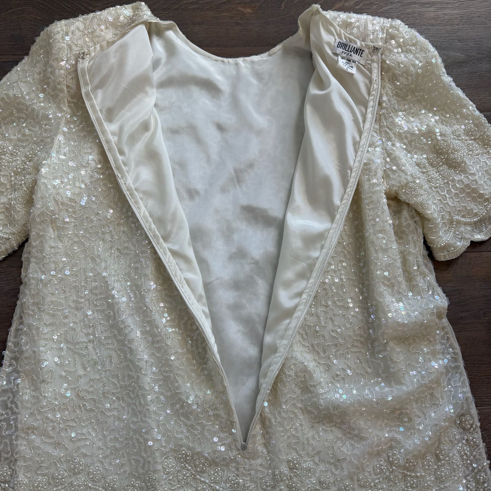 Brilliante 100% Silk Beaded Sequined Dress Scalloped Hem, 80s Vintage Glamour, B