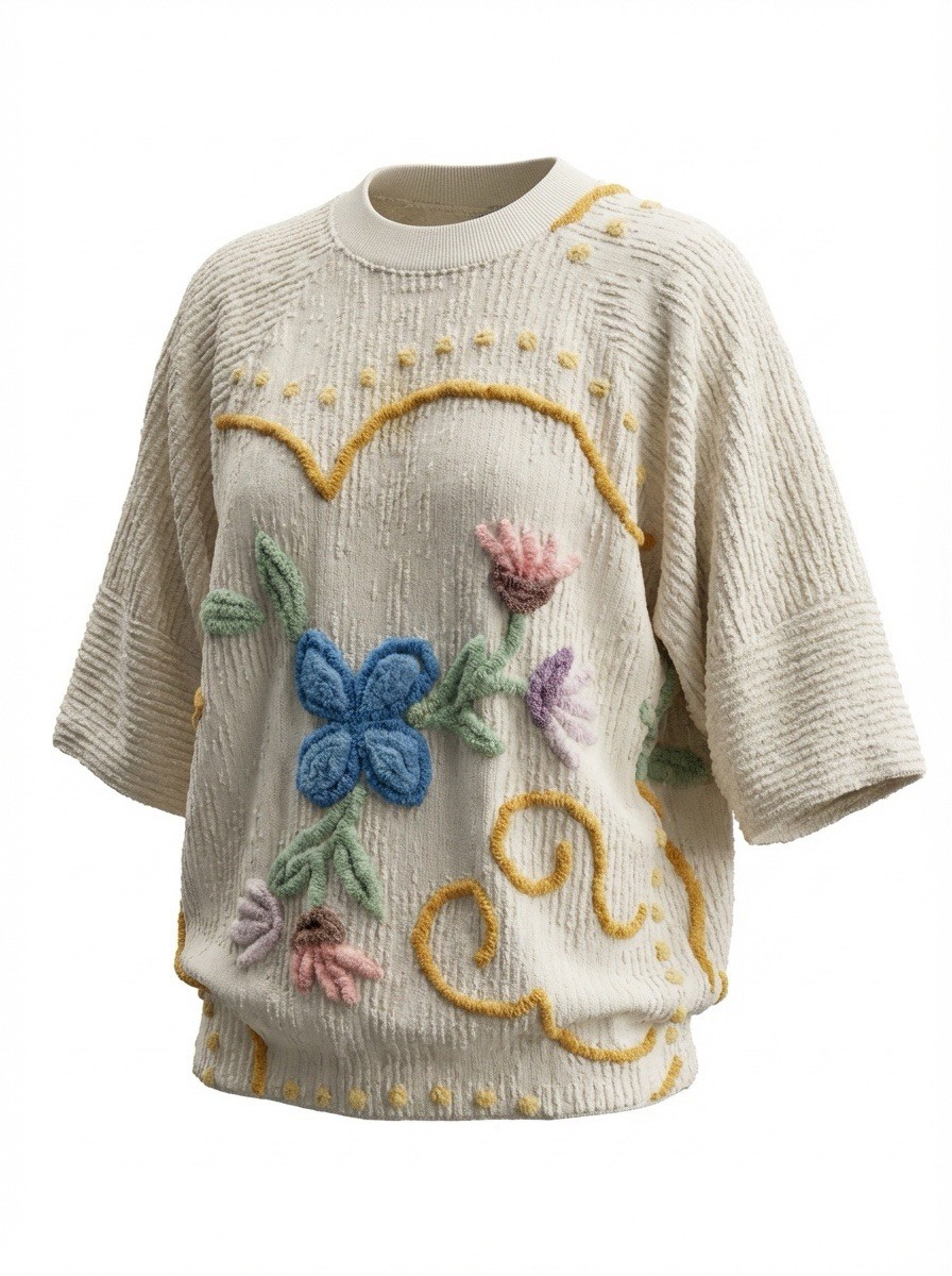 Vintage Artisan Chenille Embroidered Sweater | Floral Folk Art | Texas Made | M