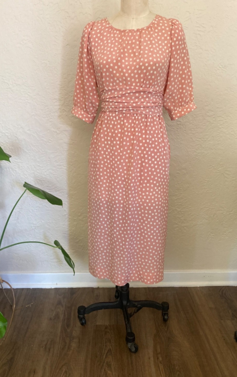 🇫🇷Vtg Yves Saint Laurent Polka Dot Pink Dress Puff Blouson Sleeve France Sz.36