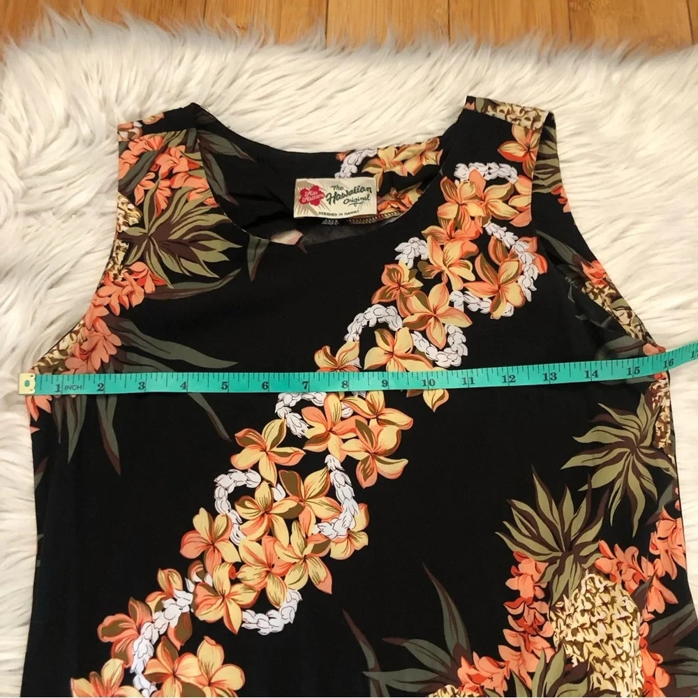 Vintage Hilo Hattie Hawaiian Pineapple Hibiscus Print Sleeveless Black Dress S