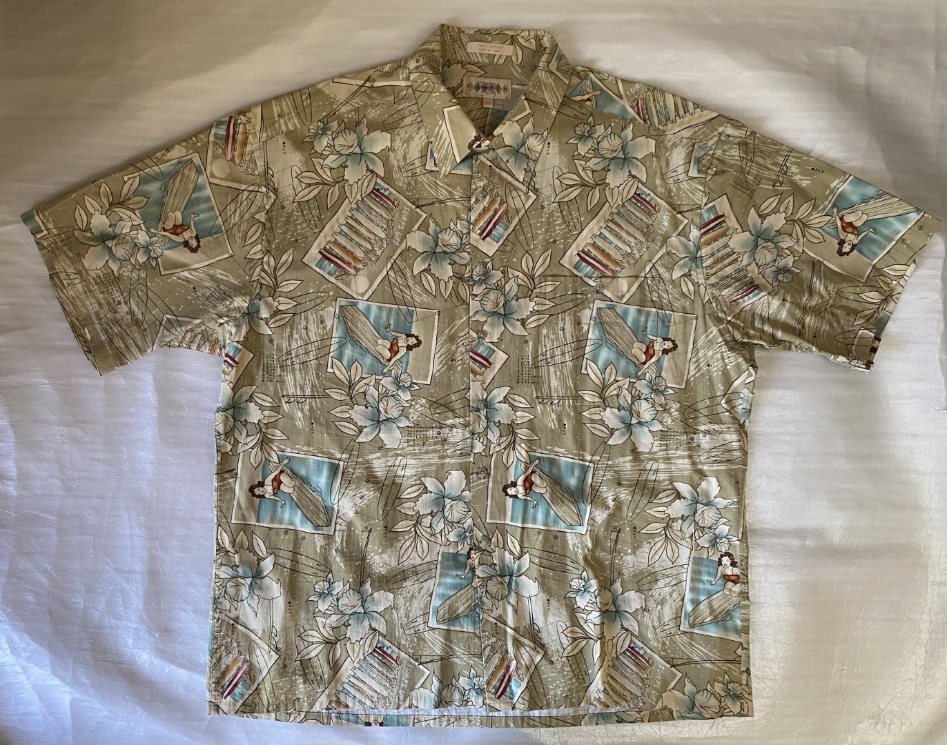 KAMEHAMEHA Hawaiian Shirt M Made in Hawaii Surfboards Hibiscus Cotton Beige Blue