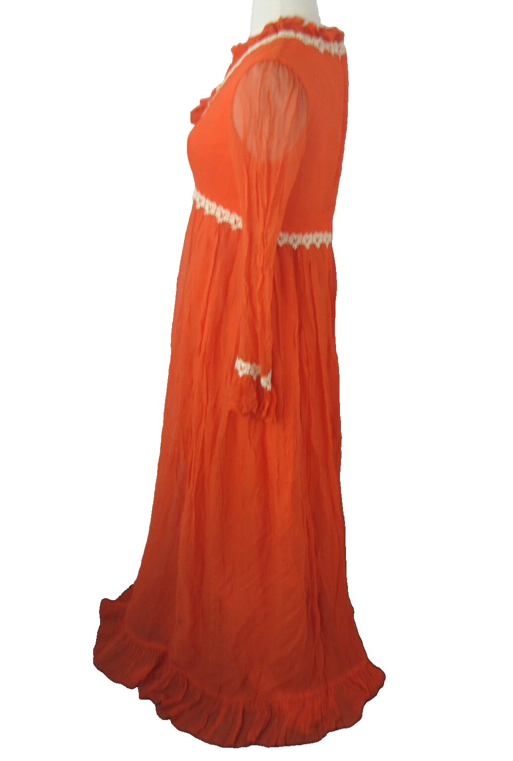 Vintage 60s70s Maxi DRESS Chiffon Overlay Lace Trim Orange Empire Waist Size 9