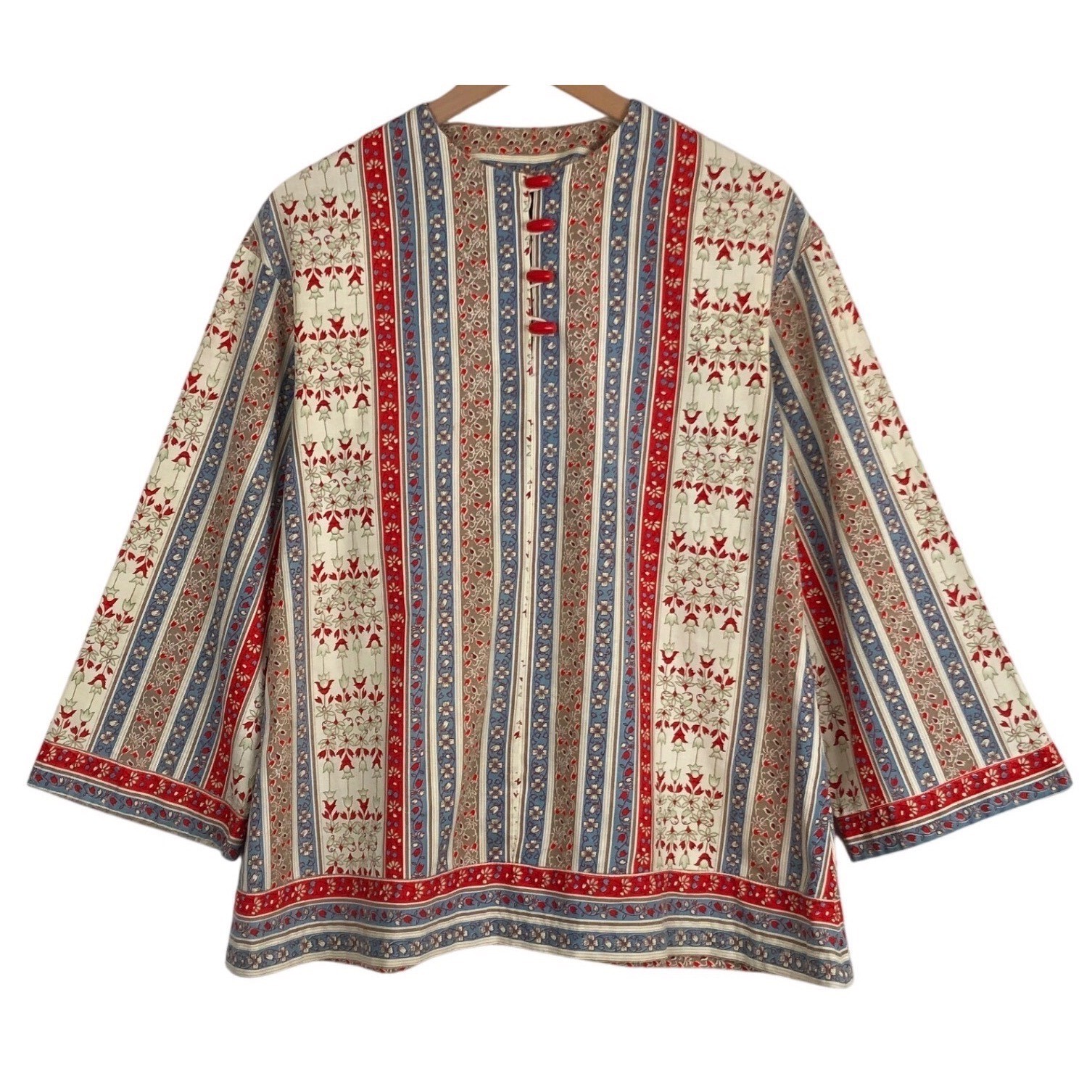 VTG 70s Handmade Floral Striped Toggle Button Tunic Top Sz M Red Blue Cream Boho