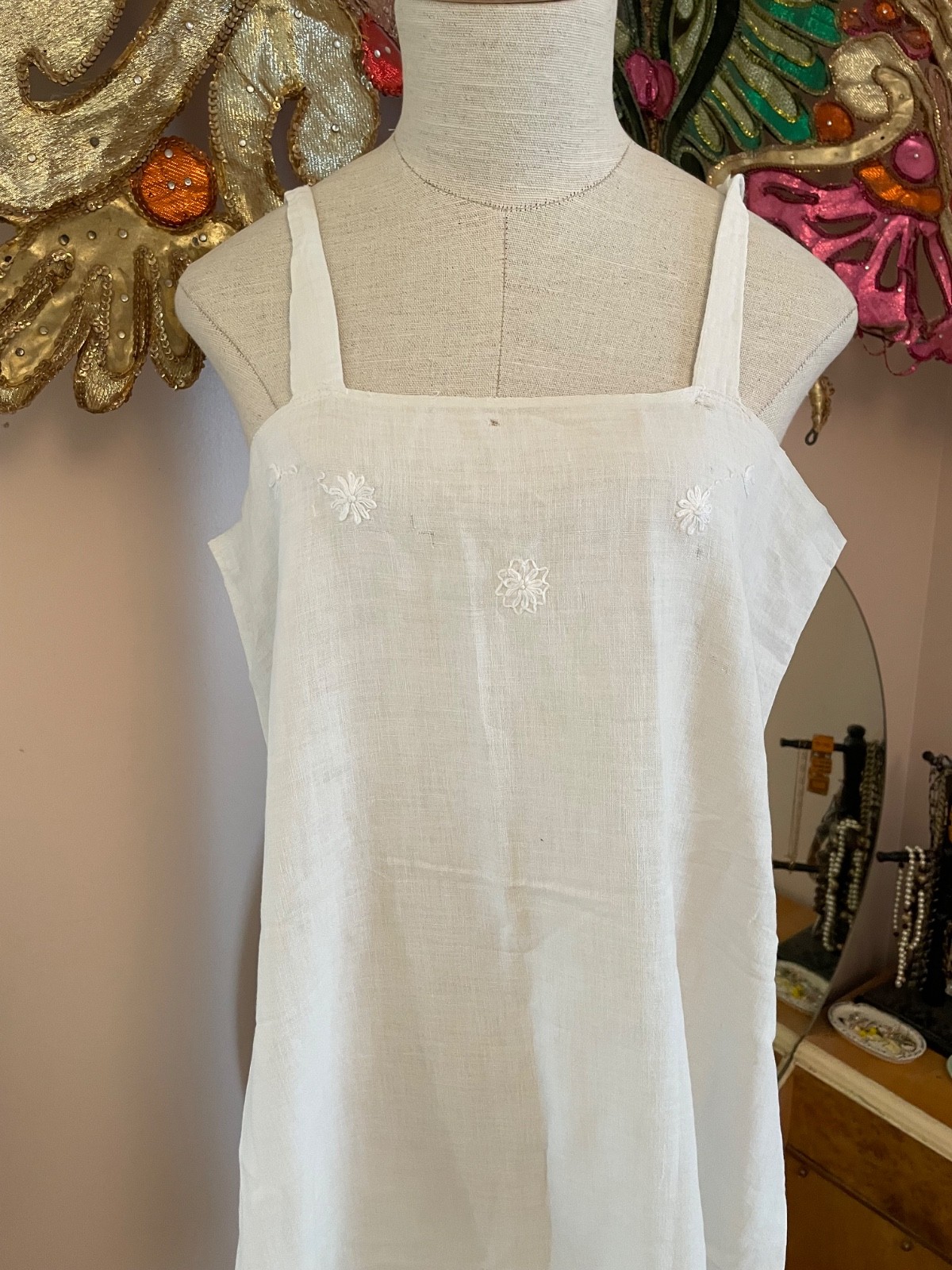 Antique Edwardian White Cotton Floral Embroidered Step In All-In-One S/M Slip