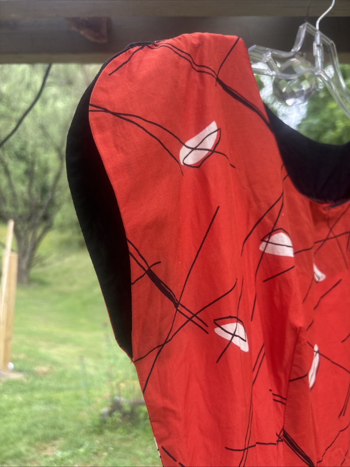 Vintage 1950’s Orange With Black Lines & White Shapes Geometric Pattern Dress