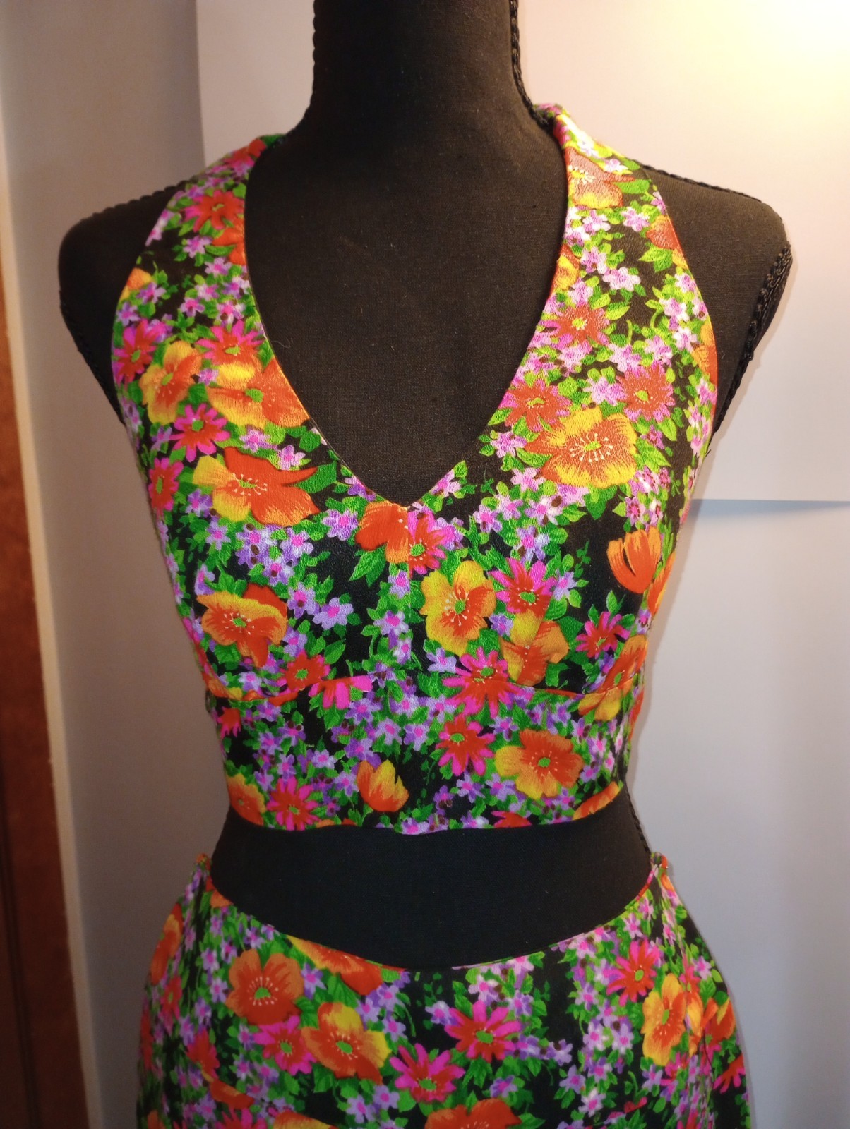 Vtg 60s XS~S 2 Pc SET Floral Halter Top & Wide Leg Pant Hippie Homemade Hallowee