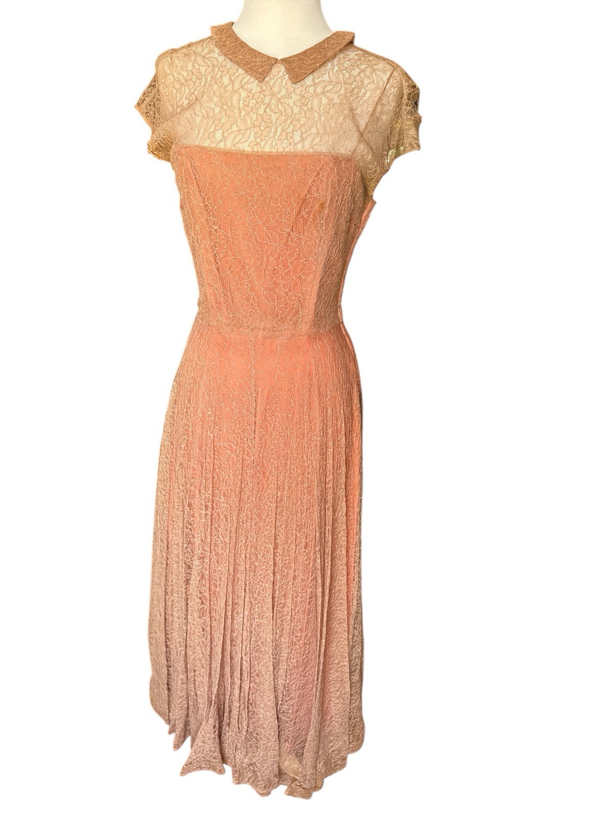 Vintage 40’s Ceil Chapman Lace Gown Peach Brown Copper 24” Waist Midi Sz 4