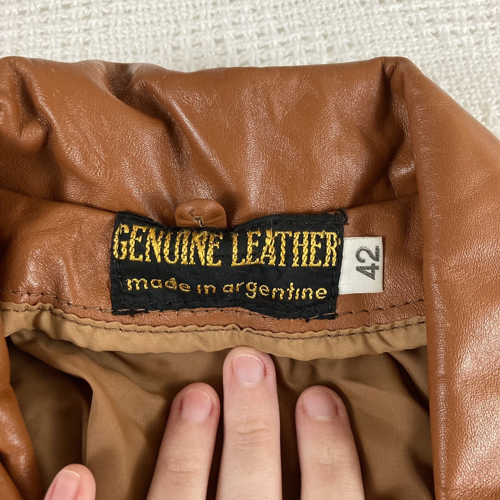 Camel Leather Coat Cognac Brown Jacket Size 42 Made in Argentine Argentina