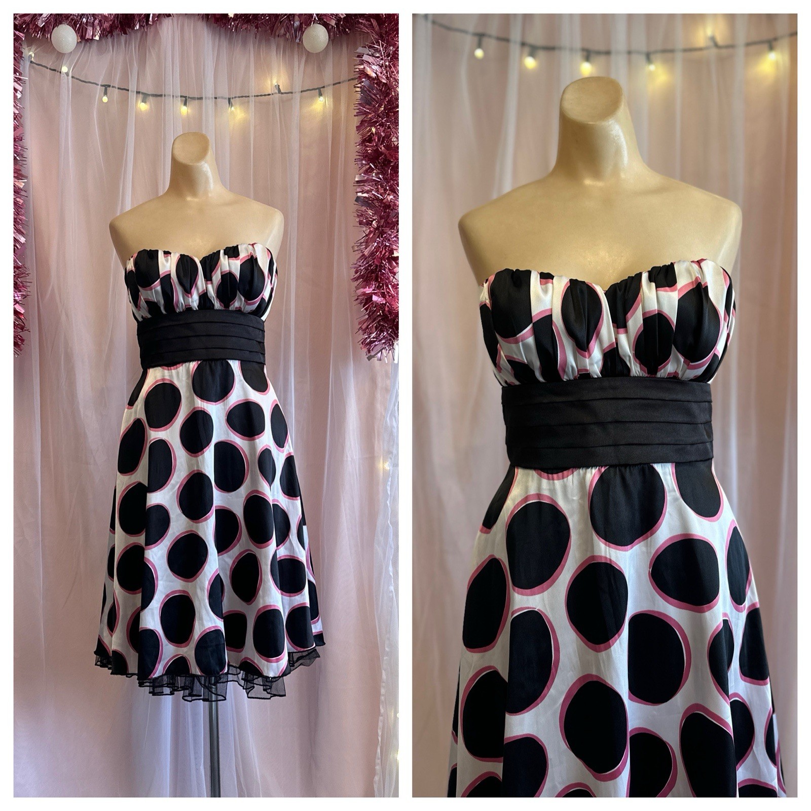 Vintage Y2K 2000s Strapless Mini Dress Black Pink Fit Flare HoCo Clowncore XS/S