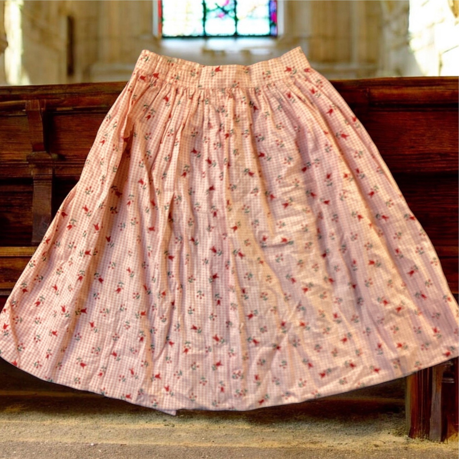 Vintage Pink Gingham Floral Print Midi Skirt Handmade Girls 50s 60s Cottagecore