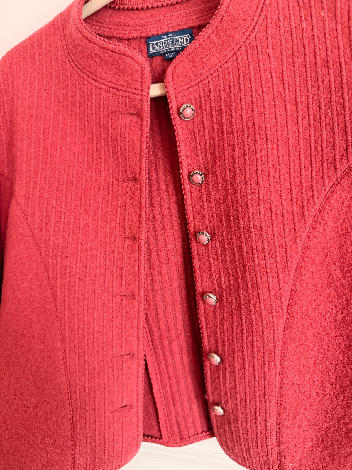 Lands End Wool Jacket Womens 14 Austria Boiled Wool Red Snap Cardigan