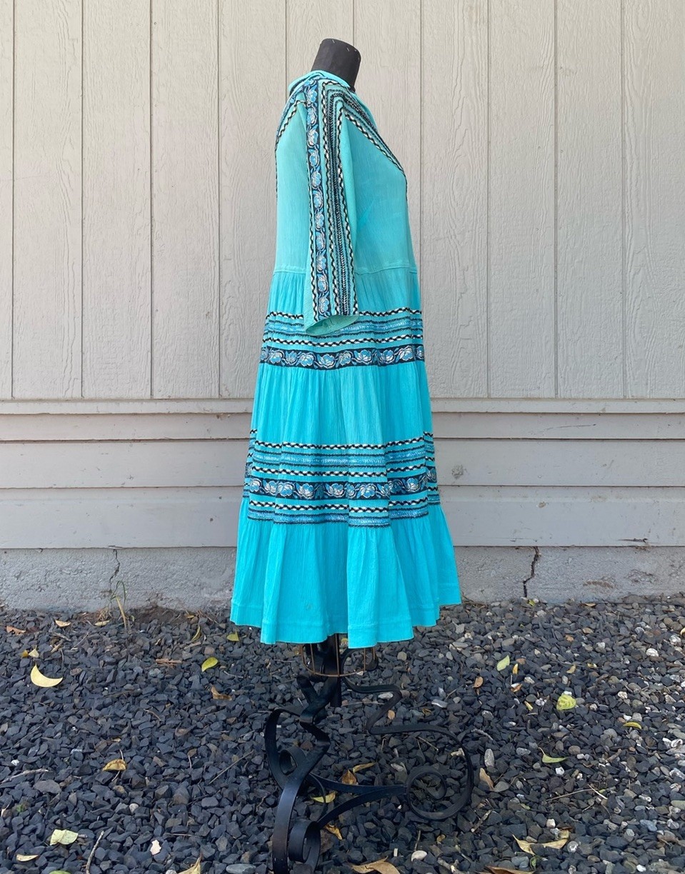 Vintage 1950s Western Patio Fiesta Dress Ric Rac Crinkle Cotton Ranchwear 34/36W