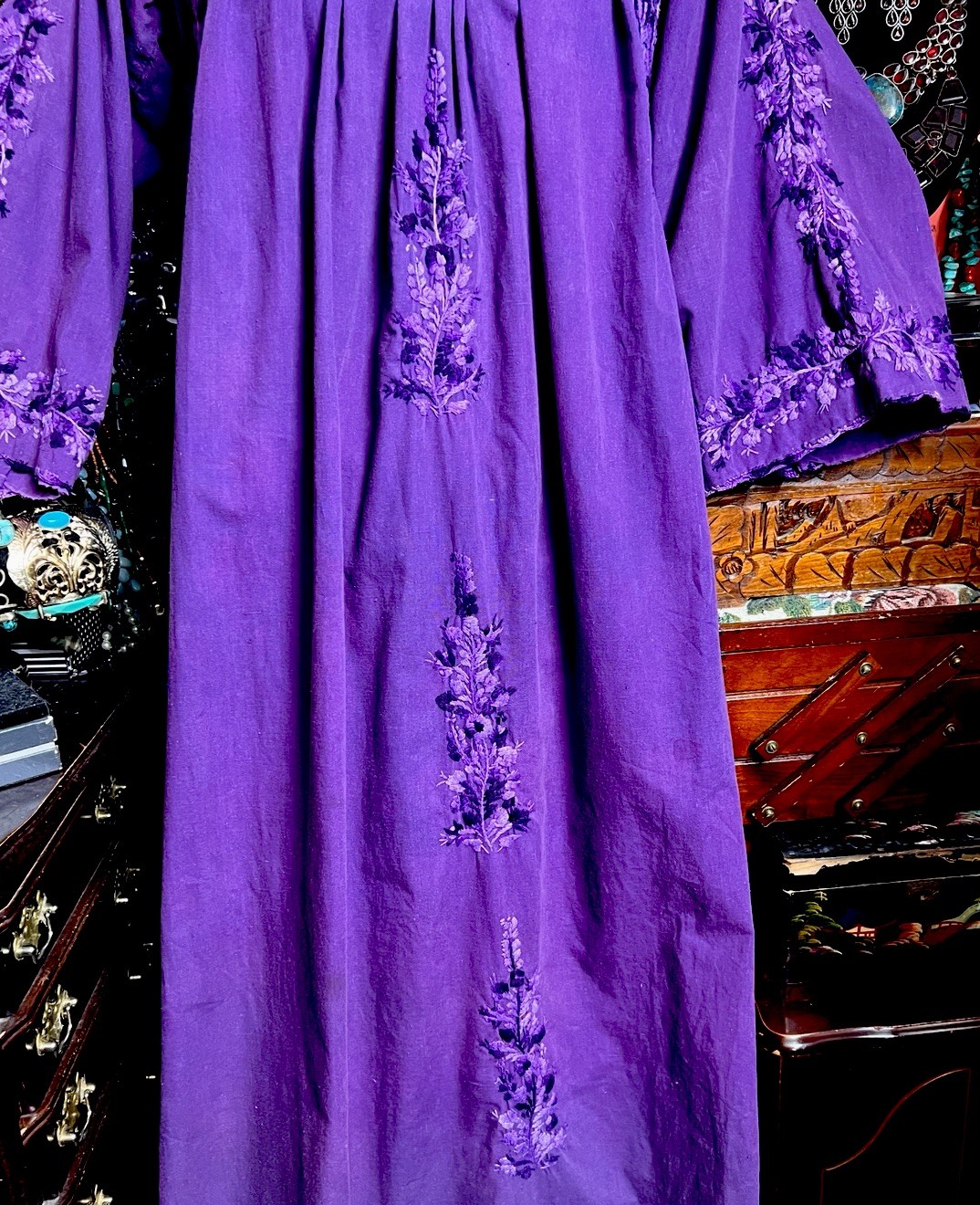 Gorgeous 1970s Oaxaca Mexico Purple Long Sleeve Dress Multi Embroidery M