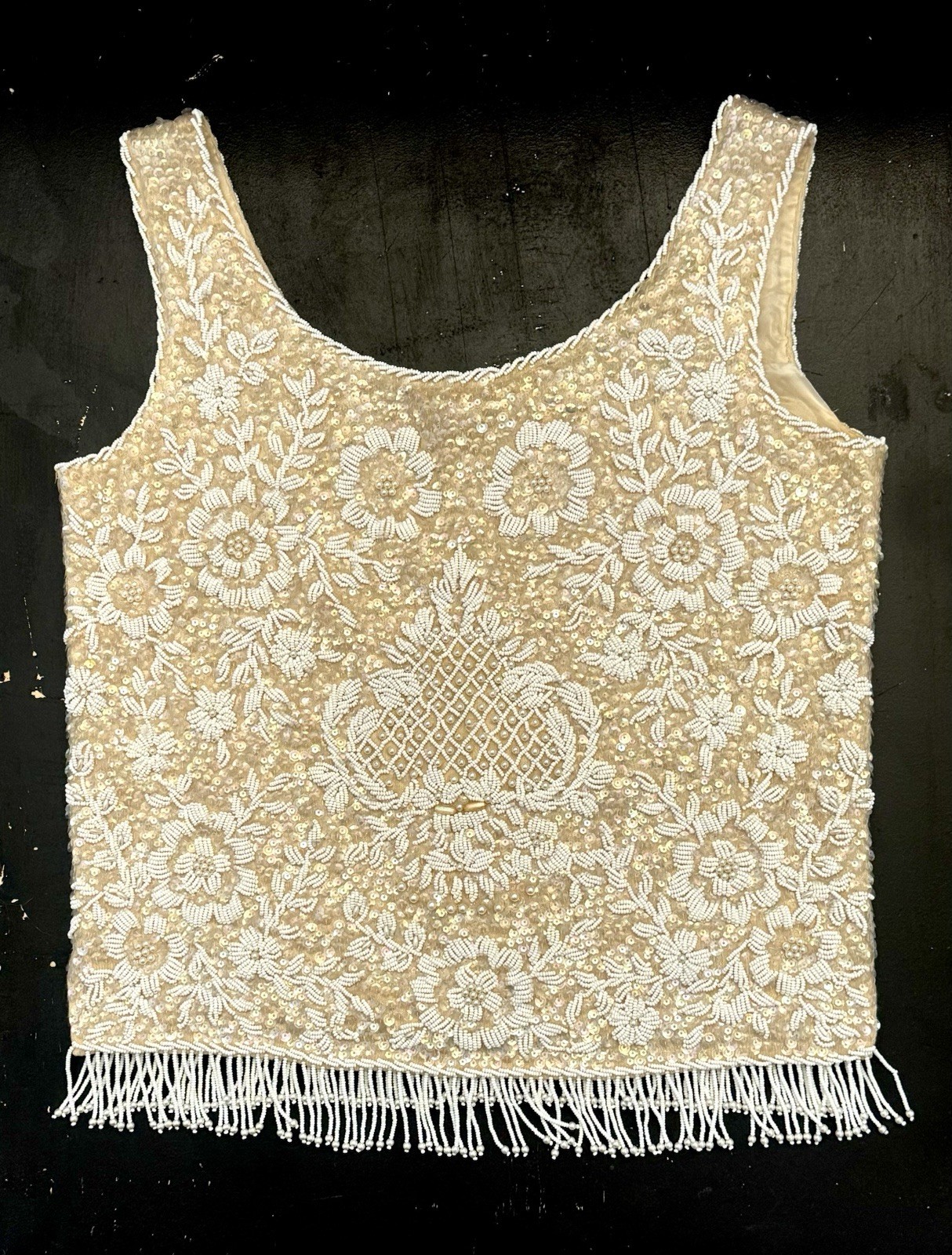 Vintage 50s Stephen Chu Imported Beaded Sequins Top With Fringe Hem Cream White