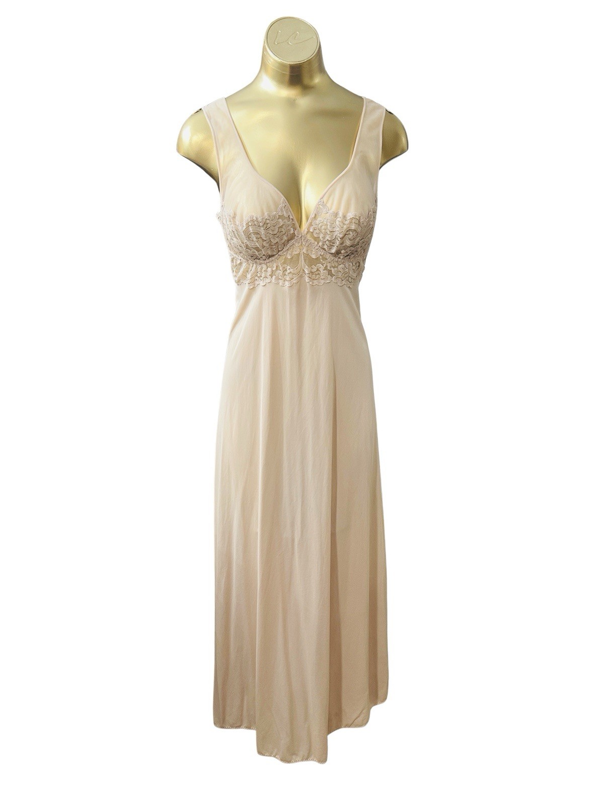 Exquisite Vintage Lydons Nude Nylon Lycra Lace Nightgown Slipdress – Medium 34