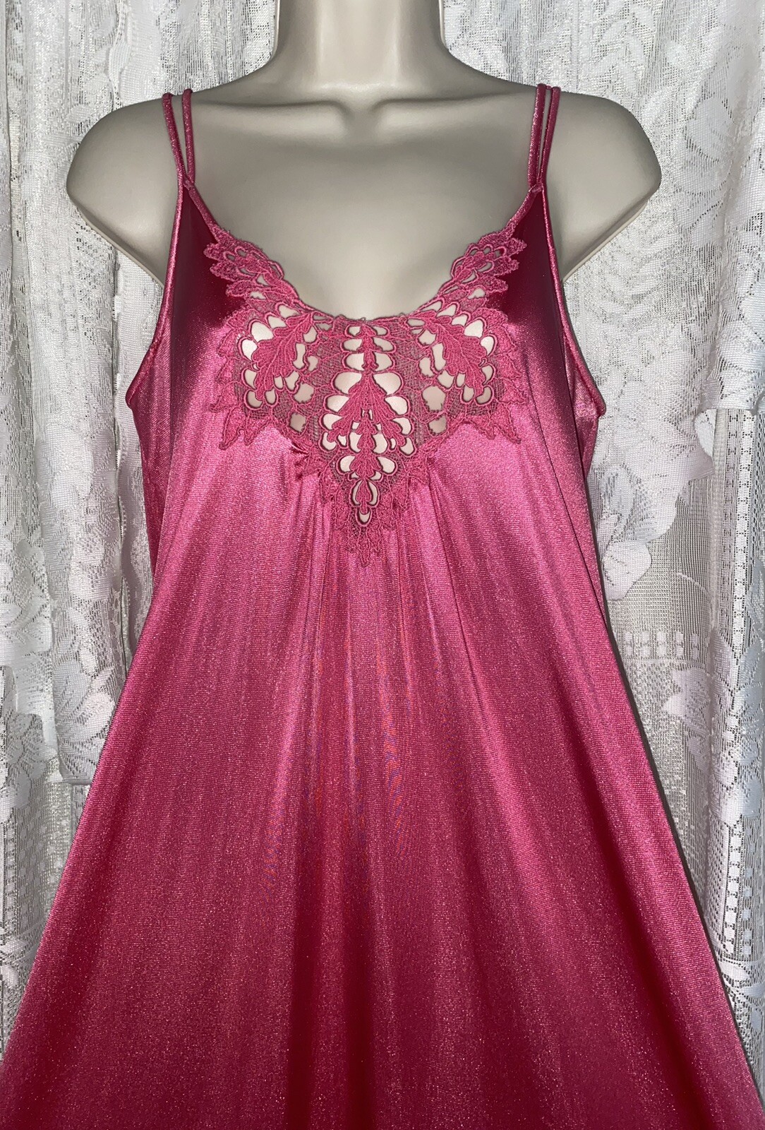 VTG M+ Raspberry Pink Princess Silky Soft Nylon Nightgown w Inset Crochet Lace