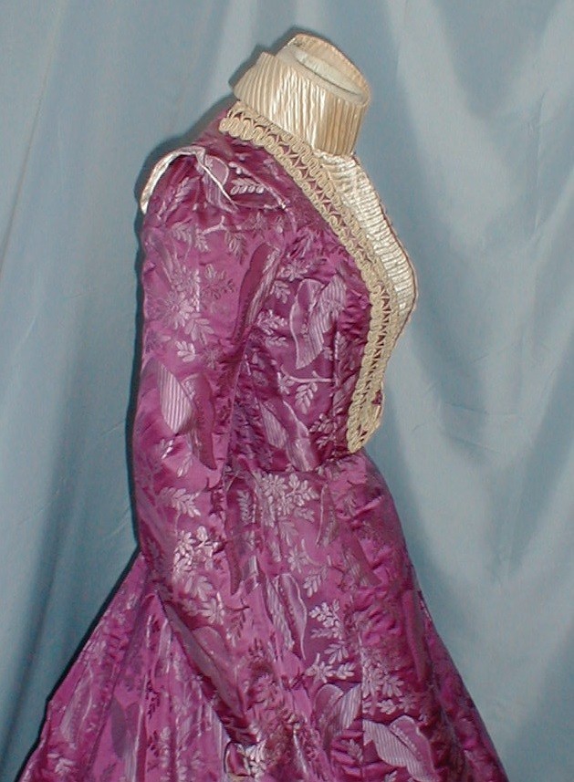 Majestic Antique Evening Dress Victorian 1890 Leaf & Floral Print Copper Satin