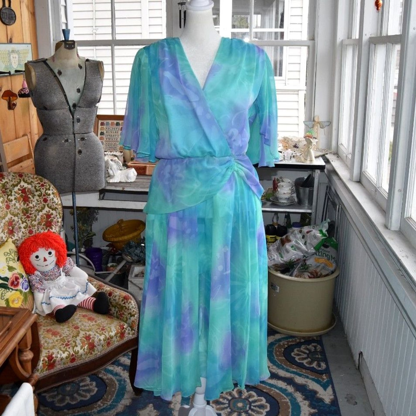 Vintage 70s 80s Aqua Lavender Chiffon Wrap Formal Gown Dress Size 14