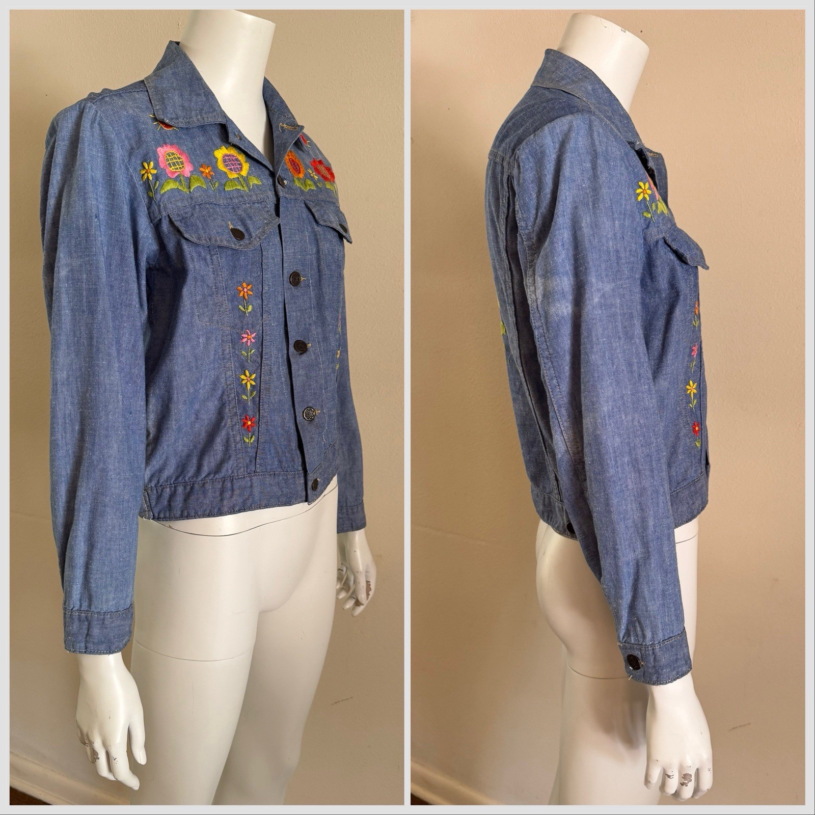 1970s Embroidered Chambray Jacket Floral Western Trucker Cotton Mexico S/M VTG