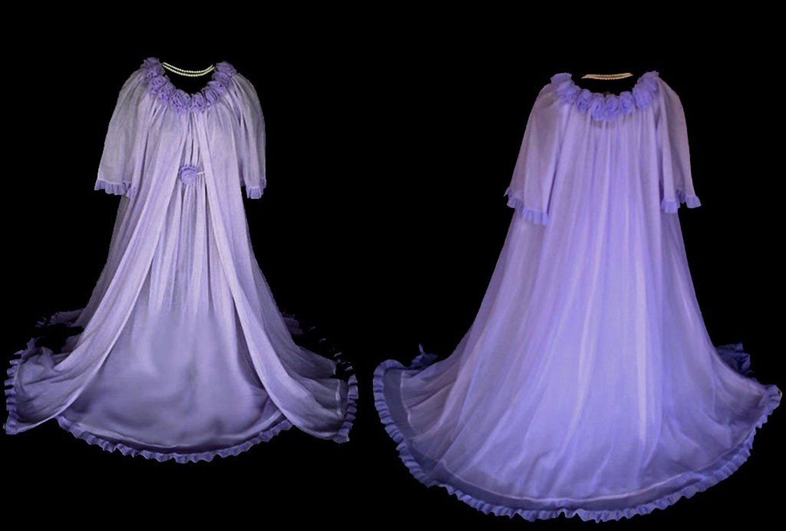 Vintage &rsquo;70s Jenelle French Lilac Peignoir Nightgown Set – Double Nylon Roses