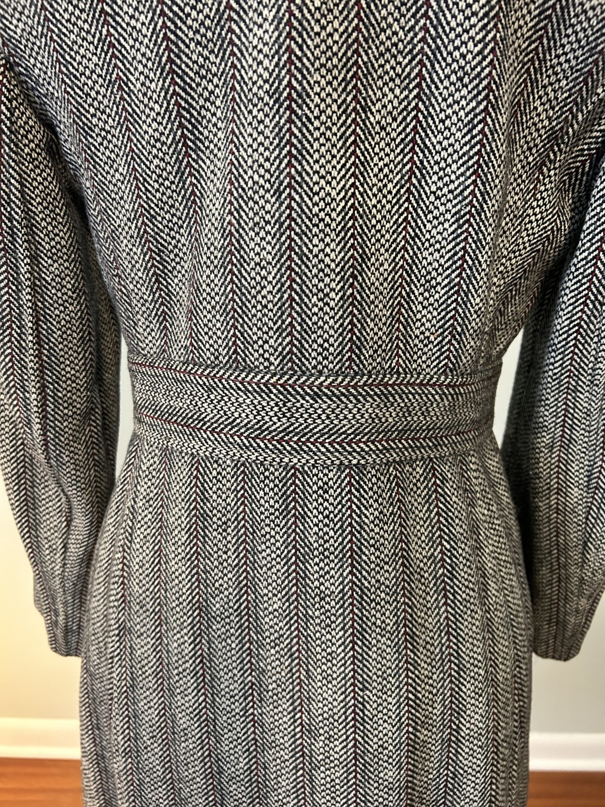 Vintage 1940 Hand-Tailored Herringbone Wool Princess Coat Long Fitted Gorgeous S