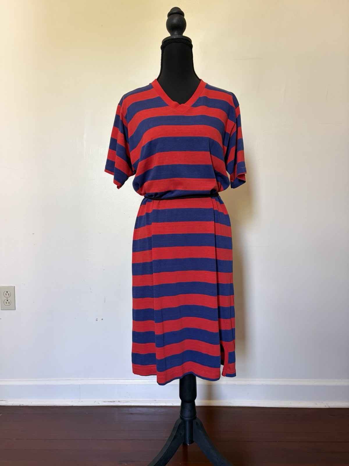 Diplomat 1980s Vintage Red/Blue Striped Shift Dress, Polyester/Cotton, Medium