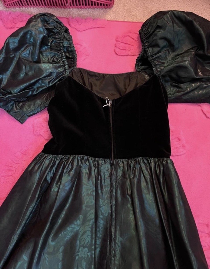 Vintage 1980s Laura Ashley Velvet & Brocade Evening Cocktail Dress Puff Sleeve