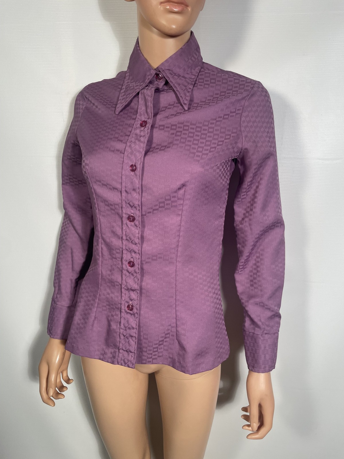 Vitg 70s Dagger Collar Damask Weave Geometric Print Tailored Purple Blouse Sz S