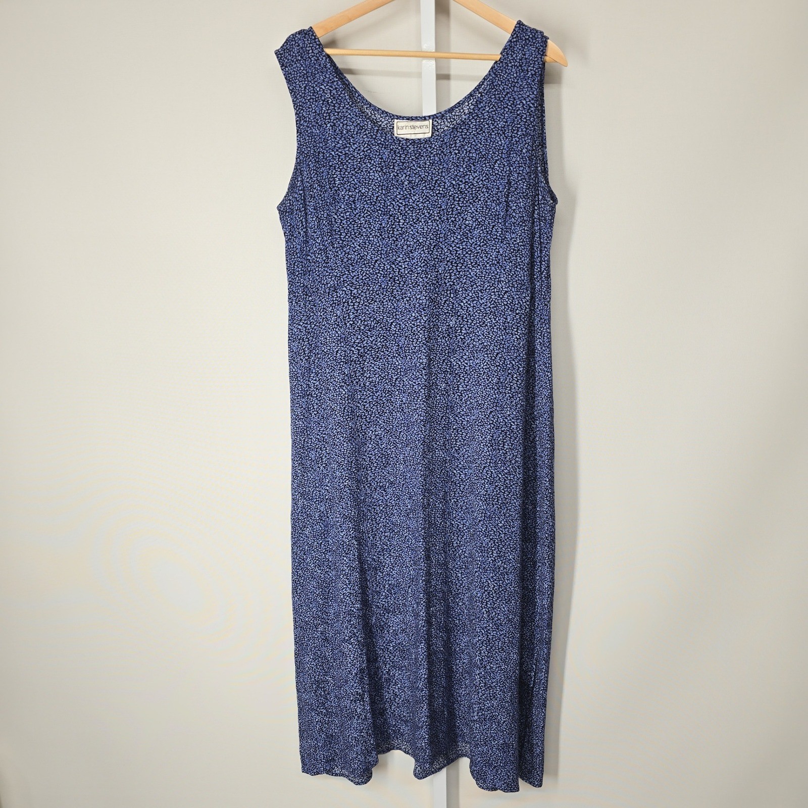 Vintage 90s Karin Stevens Blue Ditsy Print Rayon Sleeveless Maxi Dress Size 14